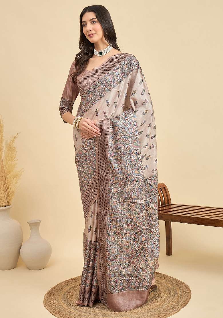 Beige Printed Manipuri Silk Blend Saree Set - Indya