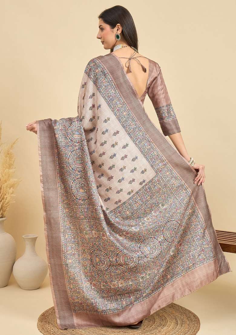 Beige Printed Manipuri Silk Blend Saree Set - Indya