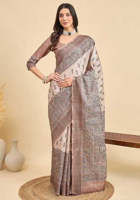 Beige Printed Manipuri Silk Saree Set — view on Indya