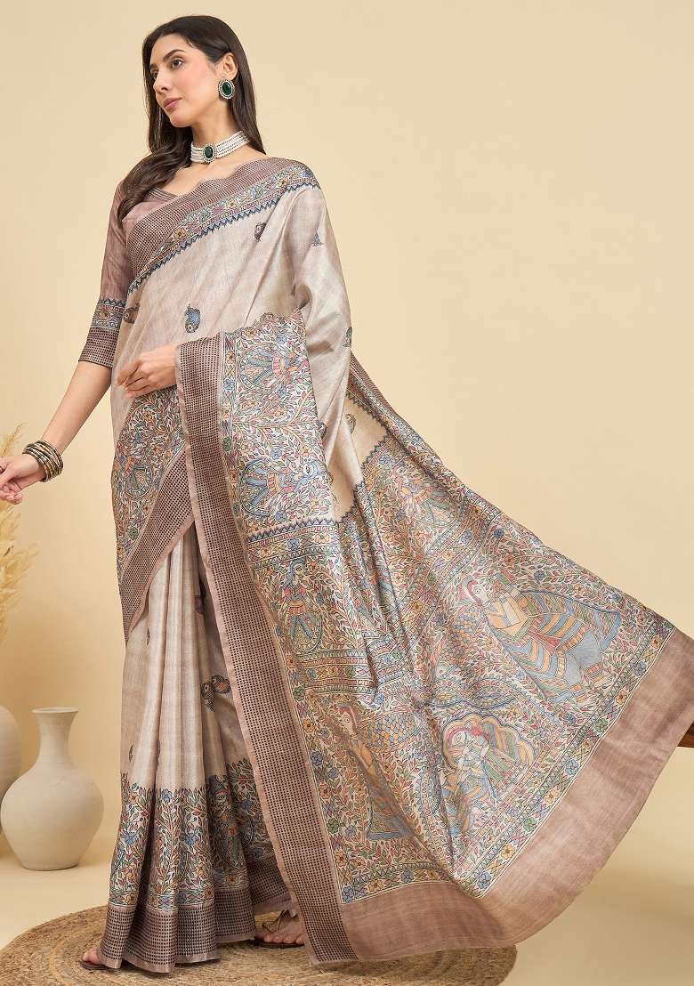 Beige Printed Manipuri Silk Blend Saree Set - Indya