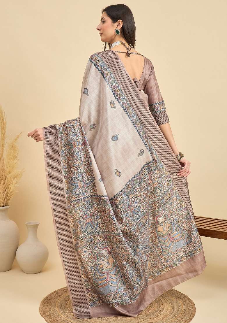 Beige Printed Manipuri Silk Blend Saree Set - Indya