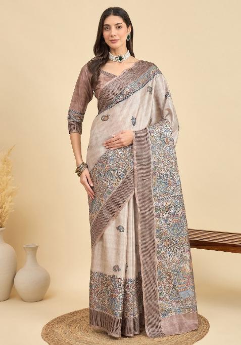 Beige Printed Manipuri Silk Saree Set — view on Indya