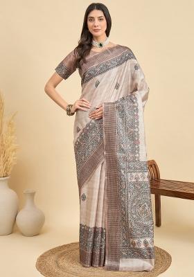 Beige Printed Manipuri Silk Saree Set