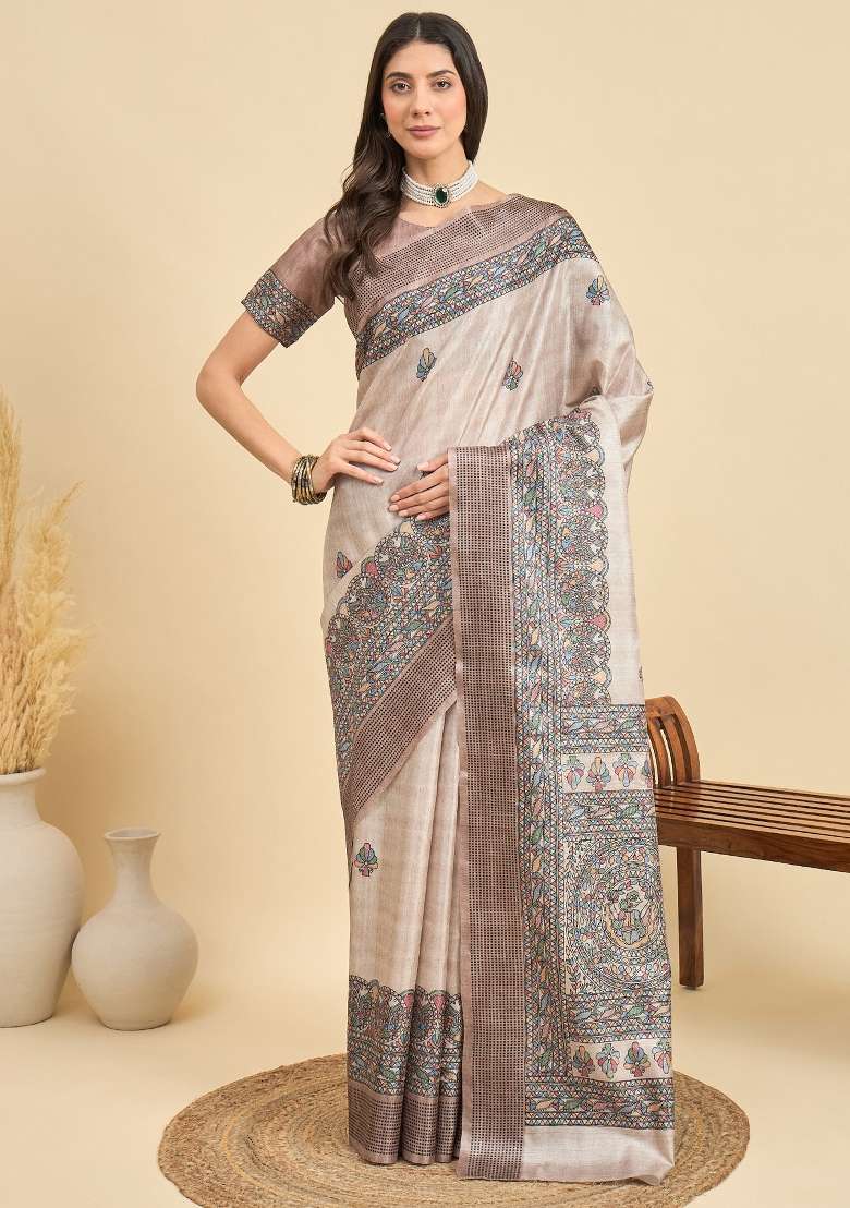 Beige Printed Manipuri Silk Blend Saree Set - Indya