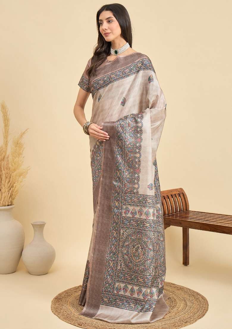 Beige Printed Manipuri Silk Blend Saree Set - Indya