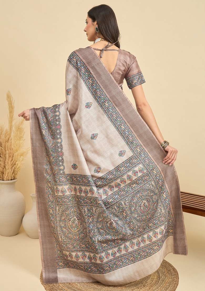 Beige Printed Manipuri Silk Blend Saree Set - Indya
