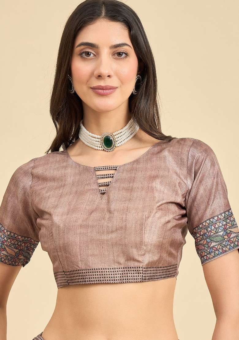 Beige Printed Manipuri Silk Blend Saree Set - Indya