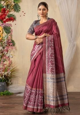 Burgundy Printed Silk Cotton Saree Set