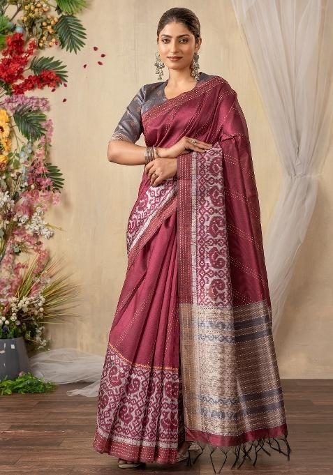 Burgundy Printed Silk Cotton Saree Set — view on Indya
