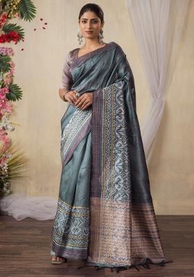 Grey Printed Silk Cotton Saree Set