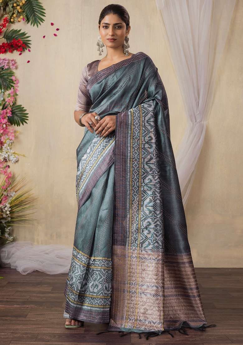 Grey Printed Silk Blend Cotton Saree Set - Indya