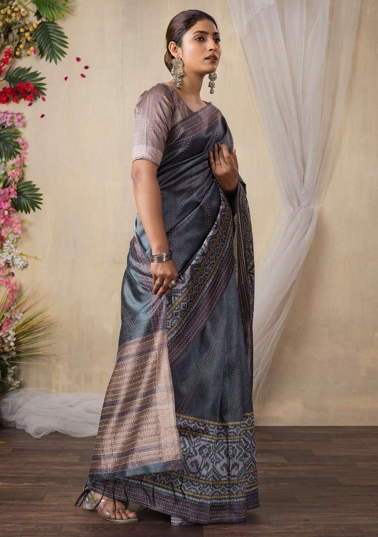 Grey Printed Silk Blend Cotton Saree Set - Indya