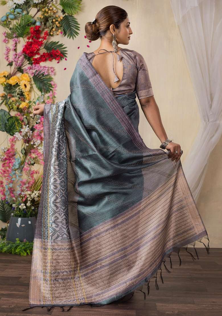Grey Printed Silk Blend Cotton Saree Set - Indya