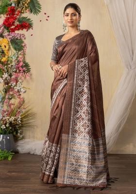 Brown Printed Silk Cotton Saree Set