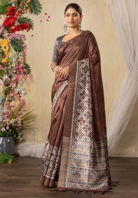 Brown Printed Silk Cotton Saree Set — view on Indya