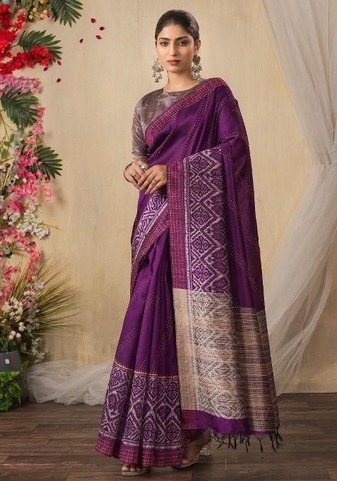 Magenta Printed Silk Cotton Saree Set — view on Indya