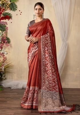 Rust Printed Silk Cotton Saree Set