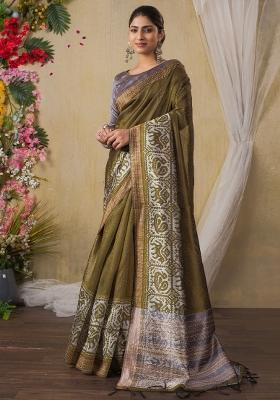 Olive Printed Silk Cotton Saree Set