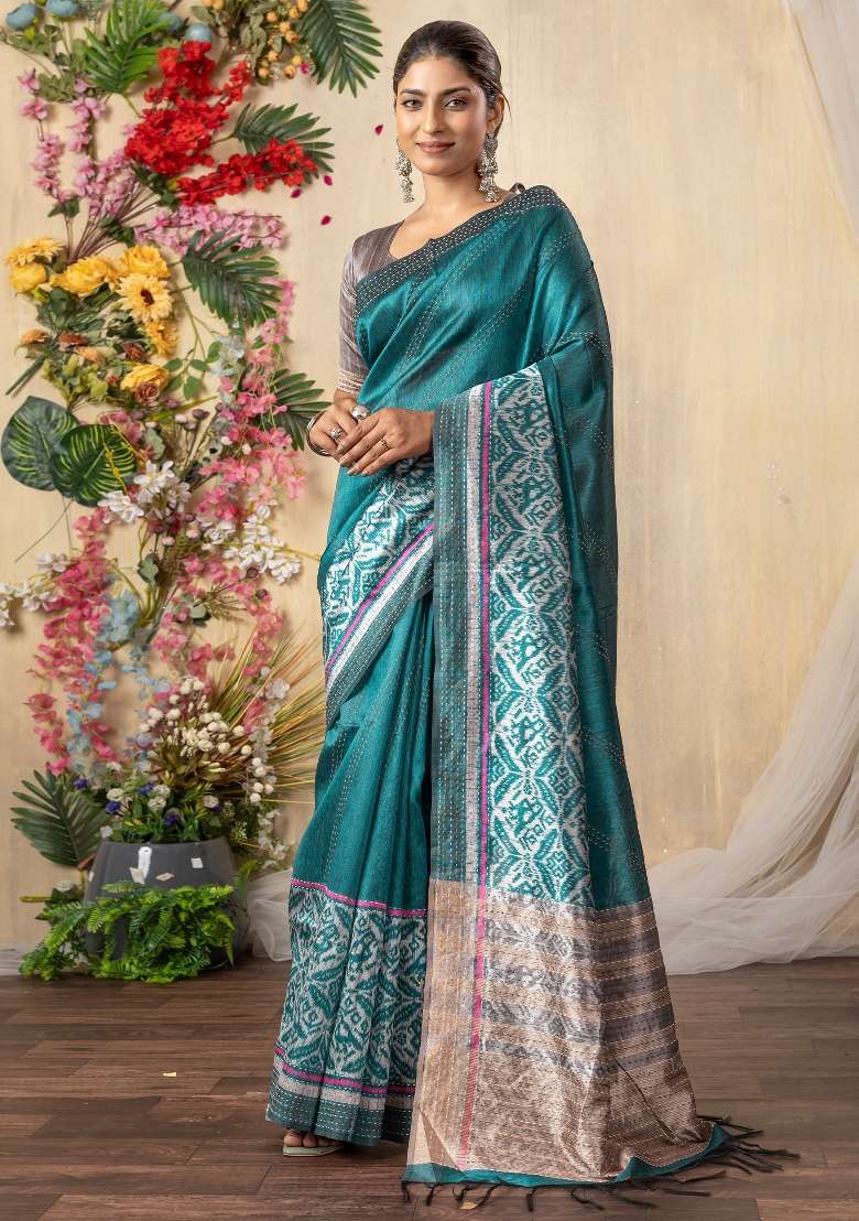 Teal Blue Printed Silk Blend Cotton Saree Set - Indya
