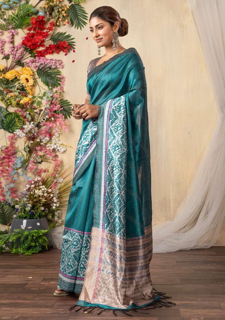 Teal Blue Printed Silk Blend Cotton Saree Set - Indya