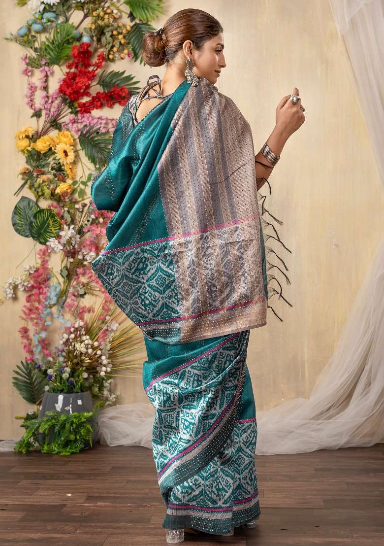 Teal Blue Printed Silk Blend Cotton Saree Set - Indya