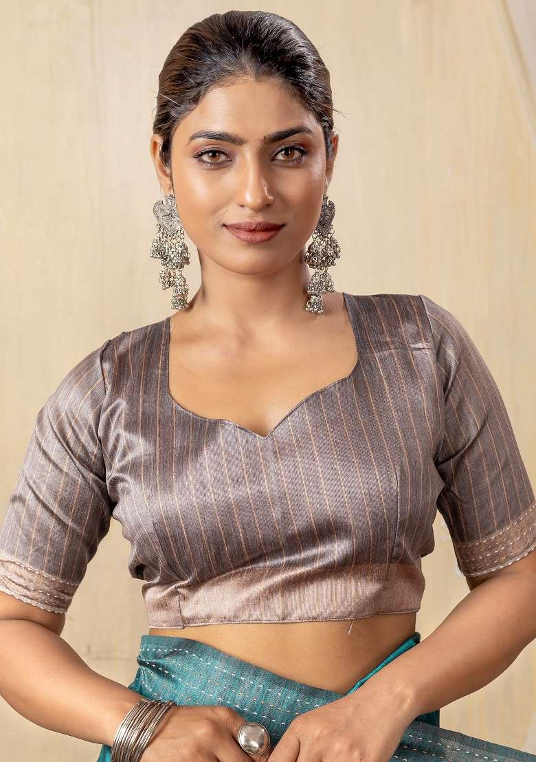 Teal Blue Printed Silk Blend Cotton Saree Set - Indya