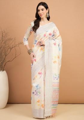 Off White Printed Silk Cotton Saree Set