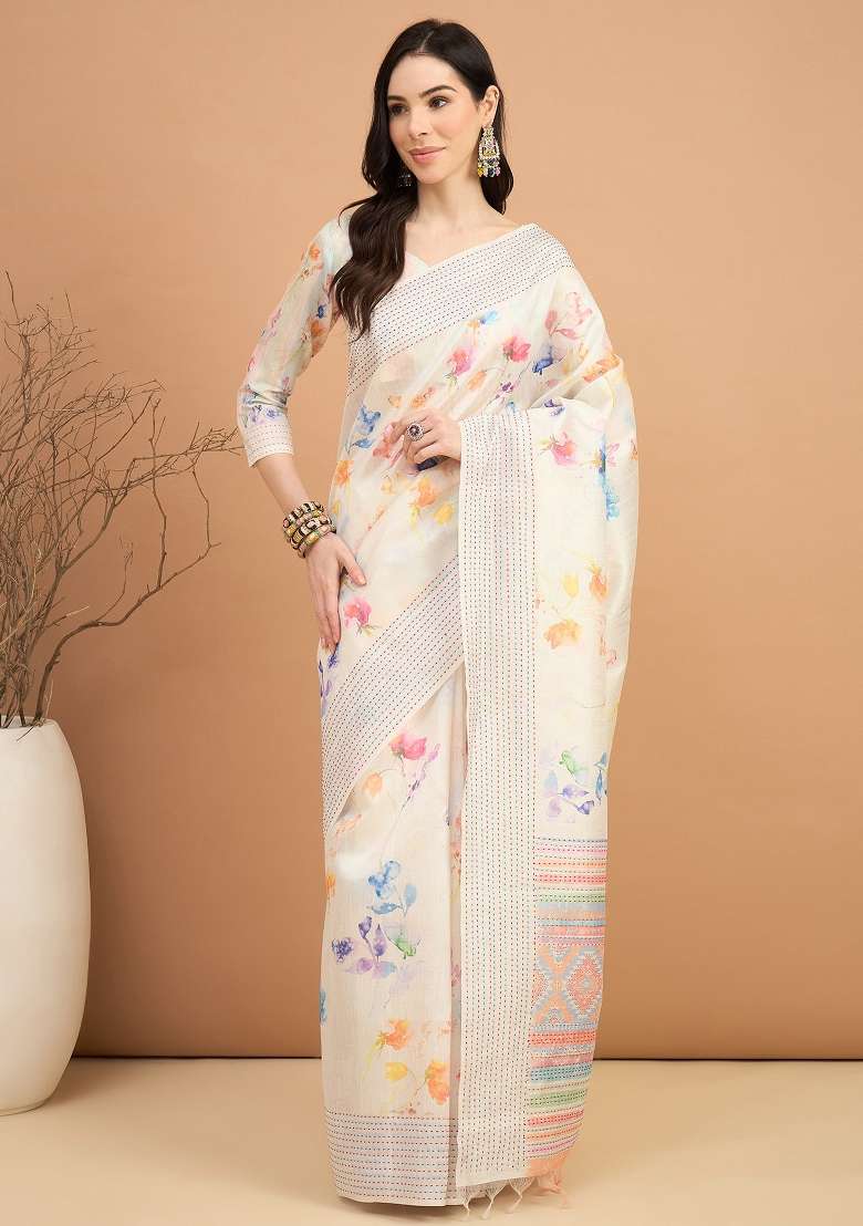 Off White Printed Silk Blend Cotton Saree Set - Indya