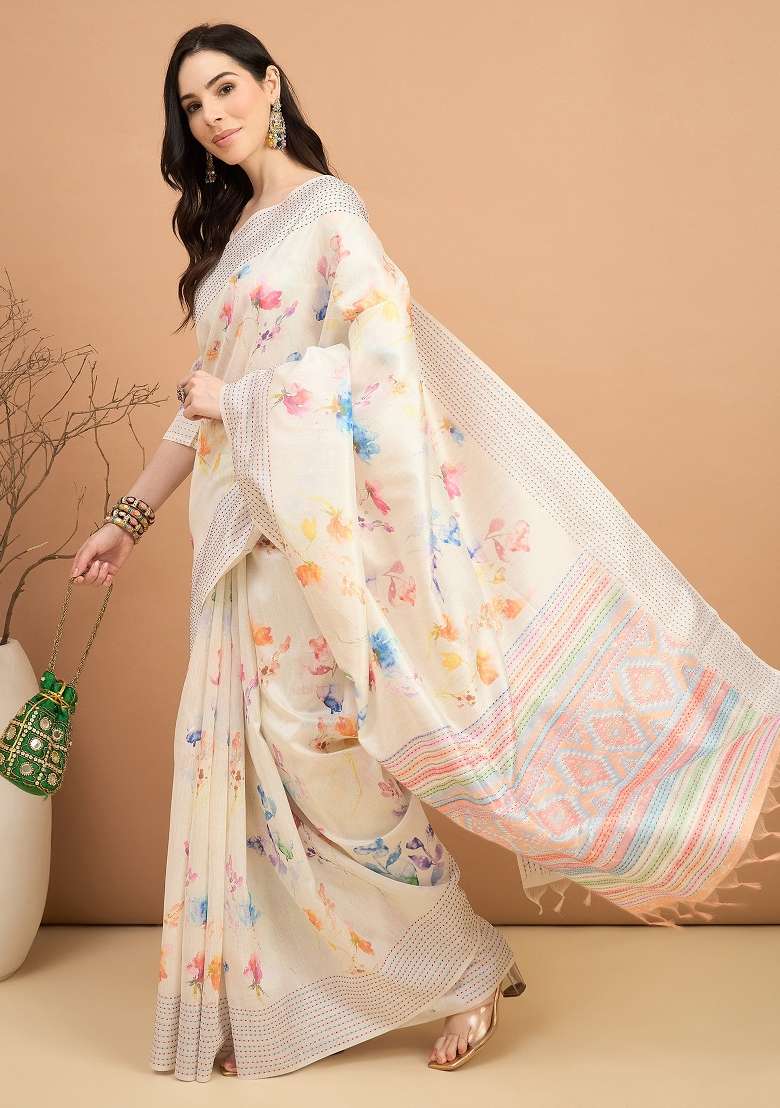 Off White Printed Silk Blend Cotton Saree Set - Indya