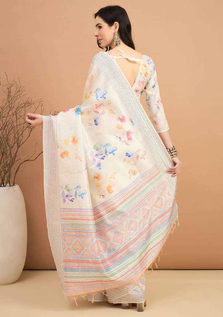 Off White Printed Silk Blend Cotton Saree Set - Indya