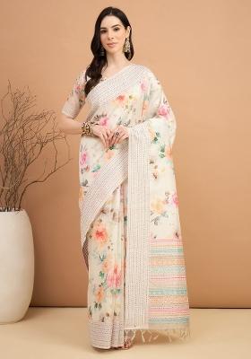 Off White Printed Silk Cotton Saree Set