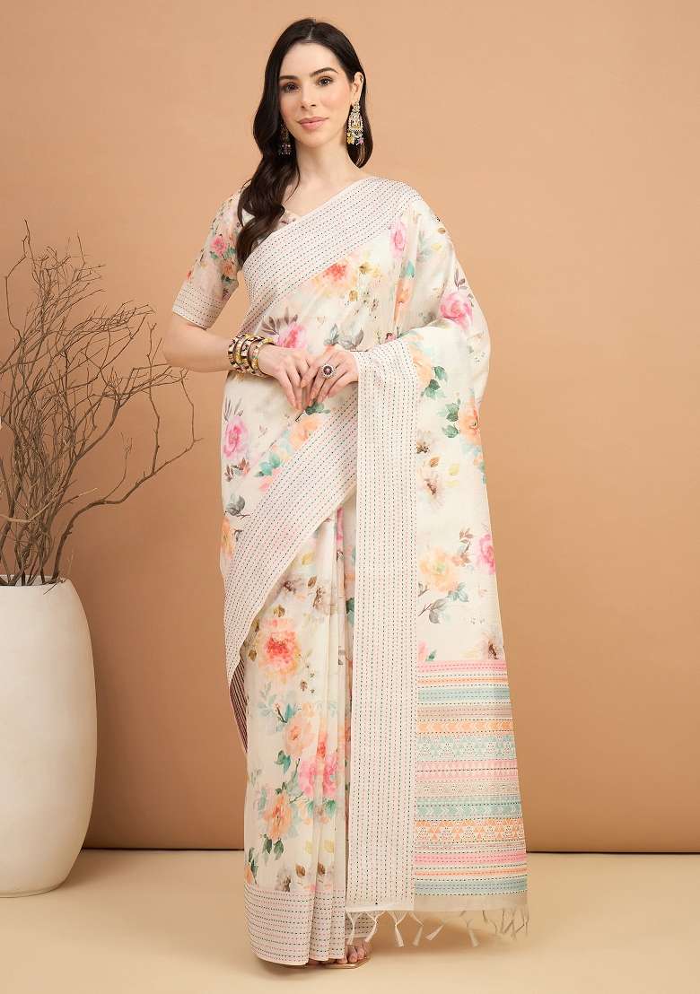 Off White Printed Silk Blend Cotton Saree Set - Indya
