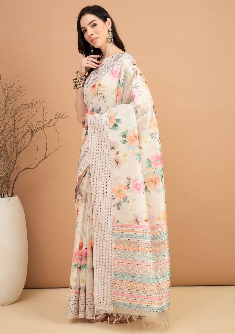 Off White Printed Silk Blend Cotton Saree Set - Indya