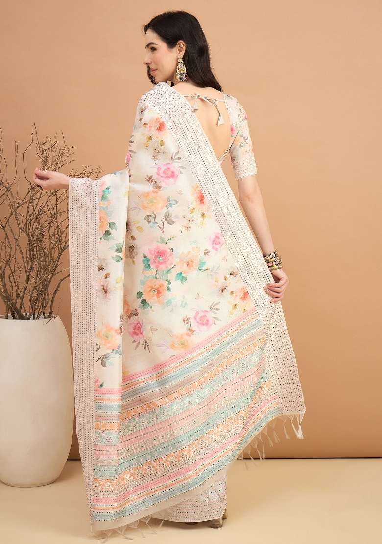 Off White Printed Silk Blend Cotton Saree Set - Indya