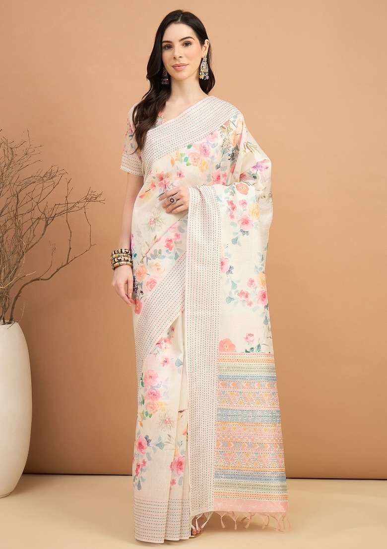Off White Printed Silk Blend Cotton Saree Set - Indya