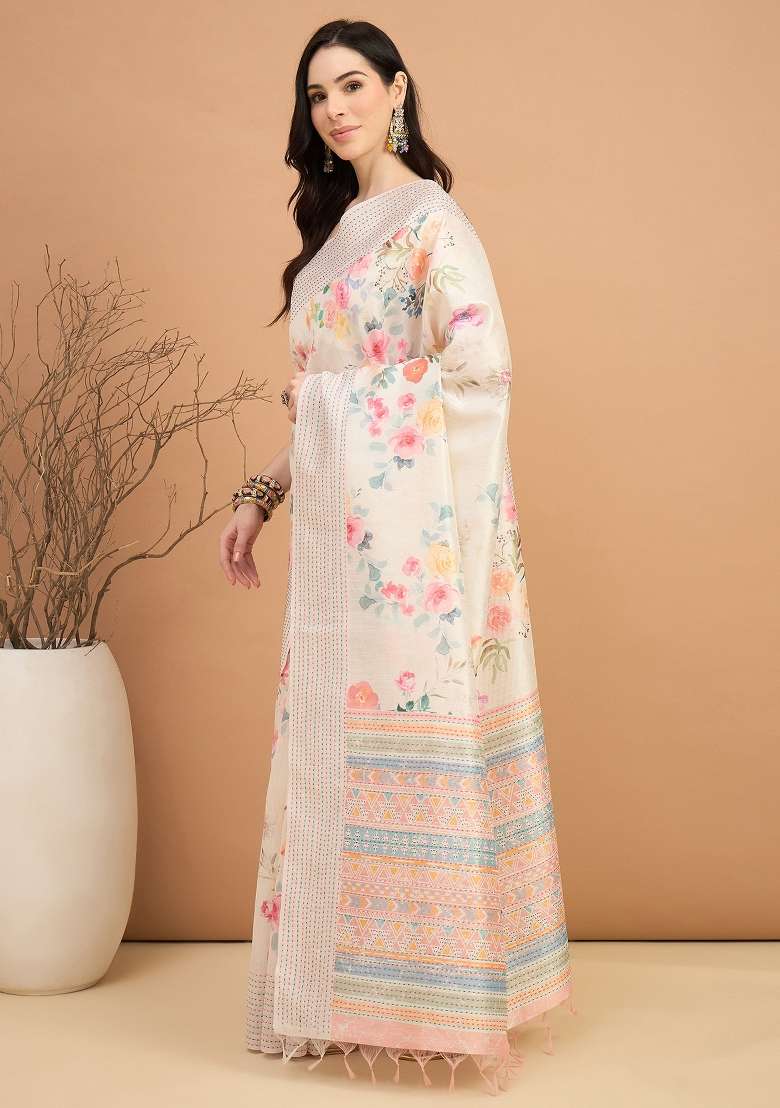 Off White Printed Silk Blend Cotton Saree Set - Indya