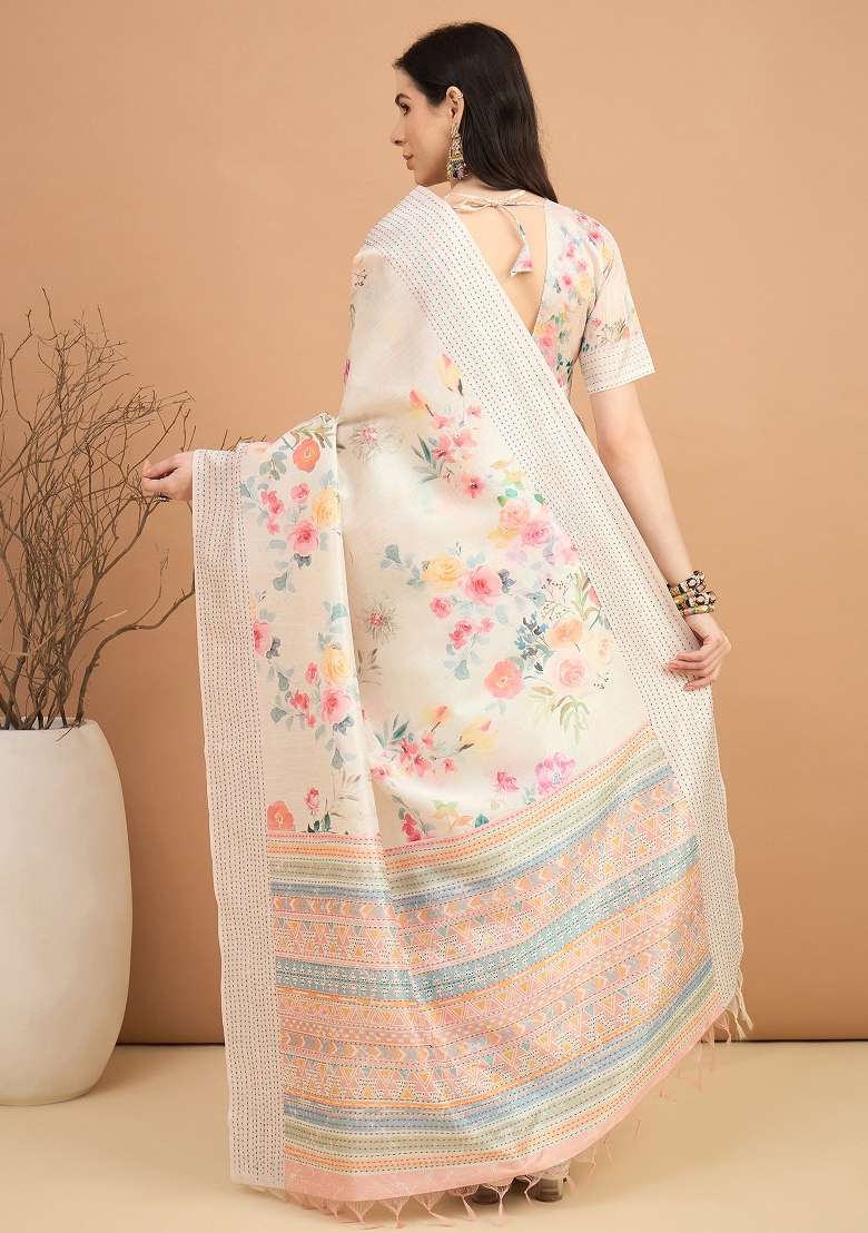 Off White Printed Silk Blend Cotton Saree Set - Indya