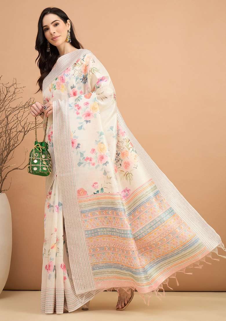 Off White Printed Silk Blend Cotton Saree Set - Indya