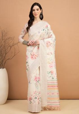 Off White Printed Silk Cotton Saree Set