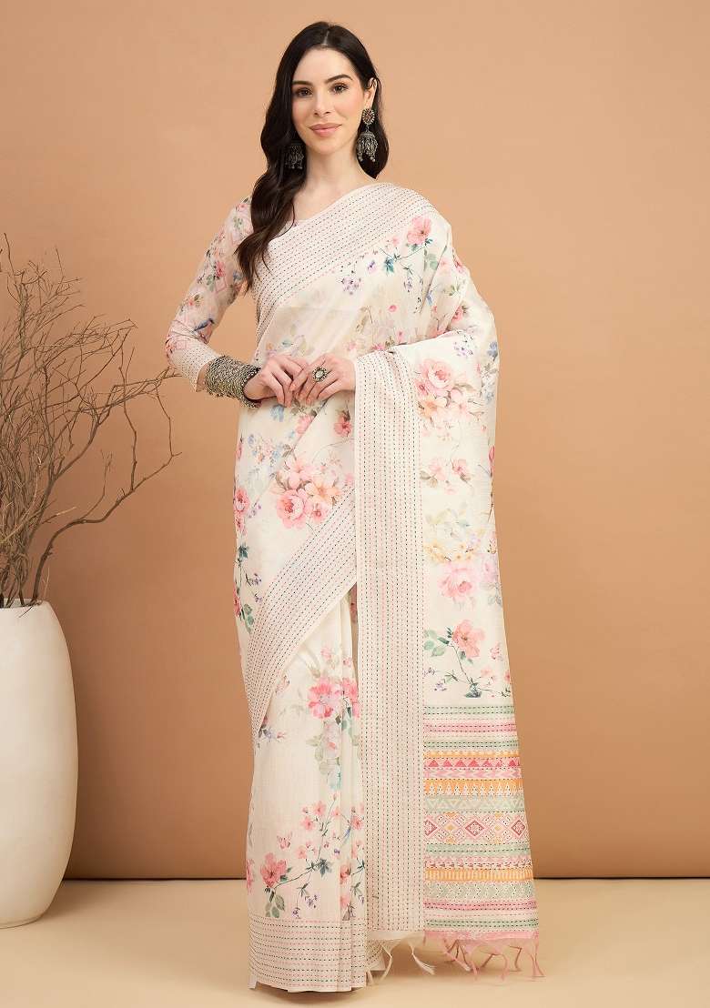 Off White Printed Silk Blend Cotton Saree Set - Indya