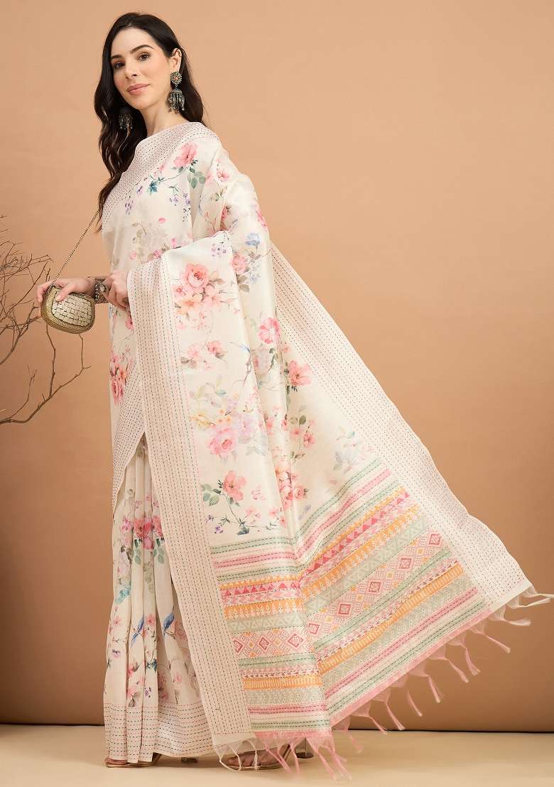 Off White Printed Silk Blend Cotton Saree Set - Indya