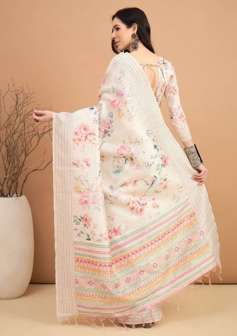 Off White Printed Silk Blend Cotton Saree Set - Indya