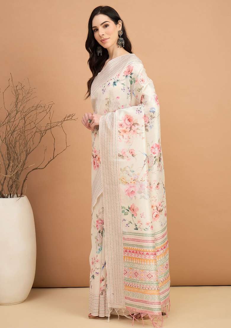Off White Printed Silk Blend Cotton Saree Set - Indya