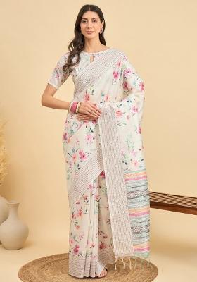 Off White Printed Silk Cotton Saree Set