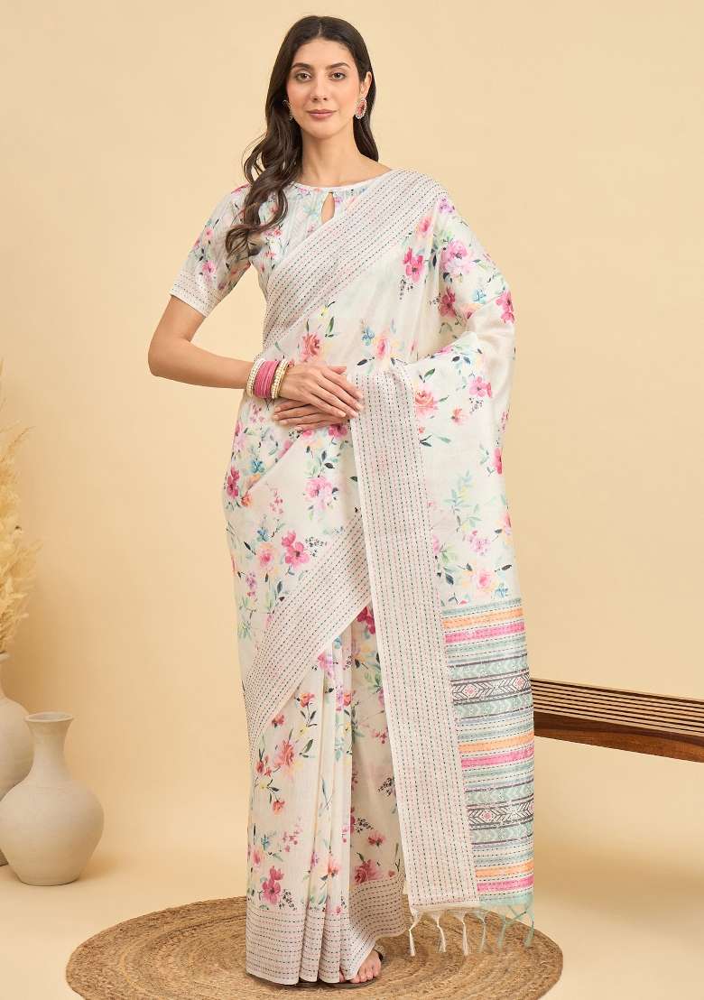 Off White Printed Silk Blend Cotton Saree Set - Indya