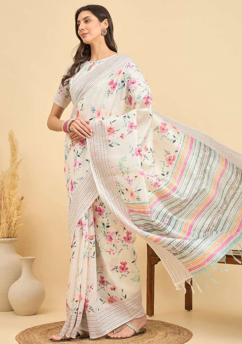 Off White Printed Silk Blend Cotton Saree Set - Indya