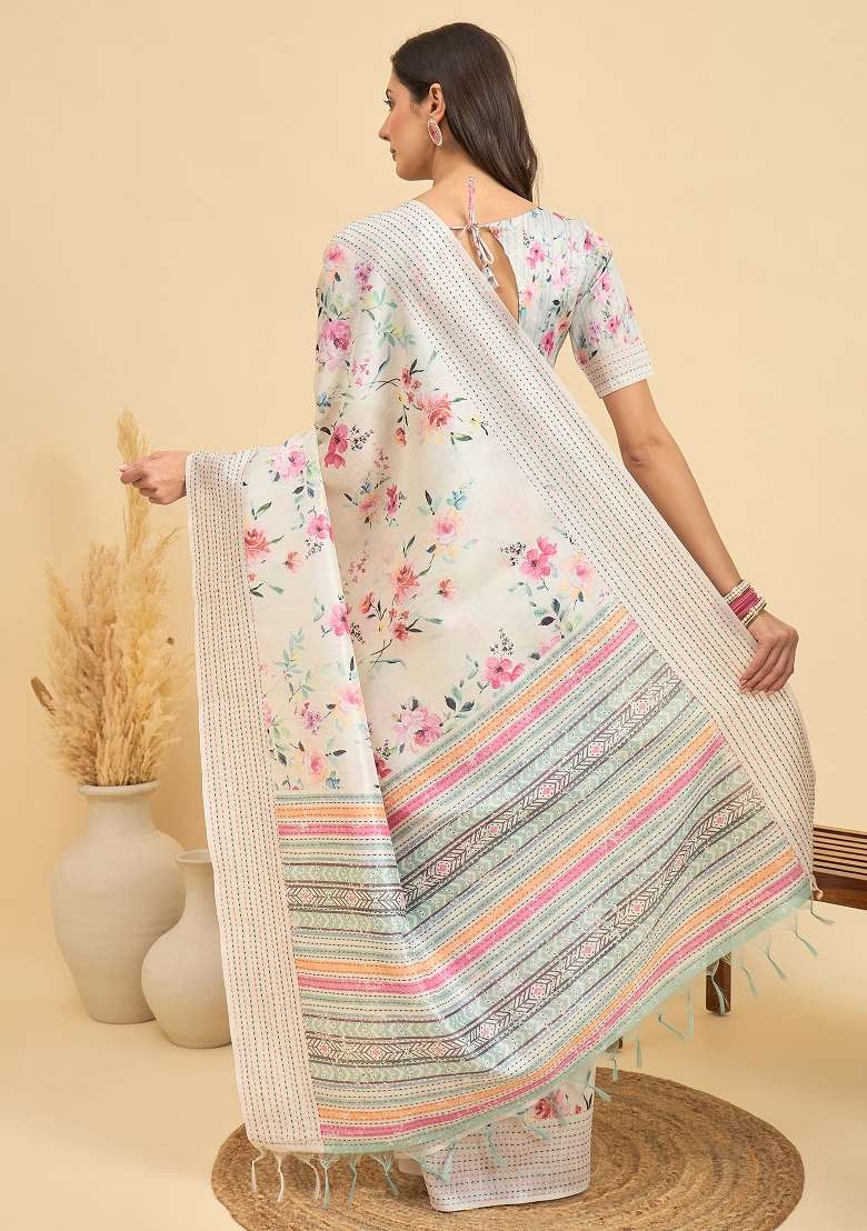 Off White Printed Silk Blend Cotton Saree Set - Indya