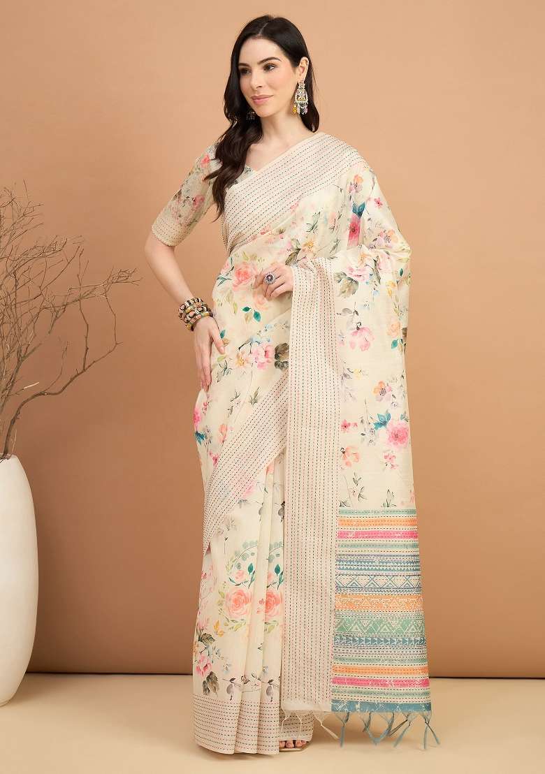 Off White Printed Silk Blend Cotton Saree Set - Indya