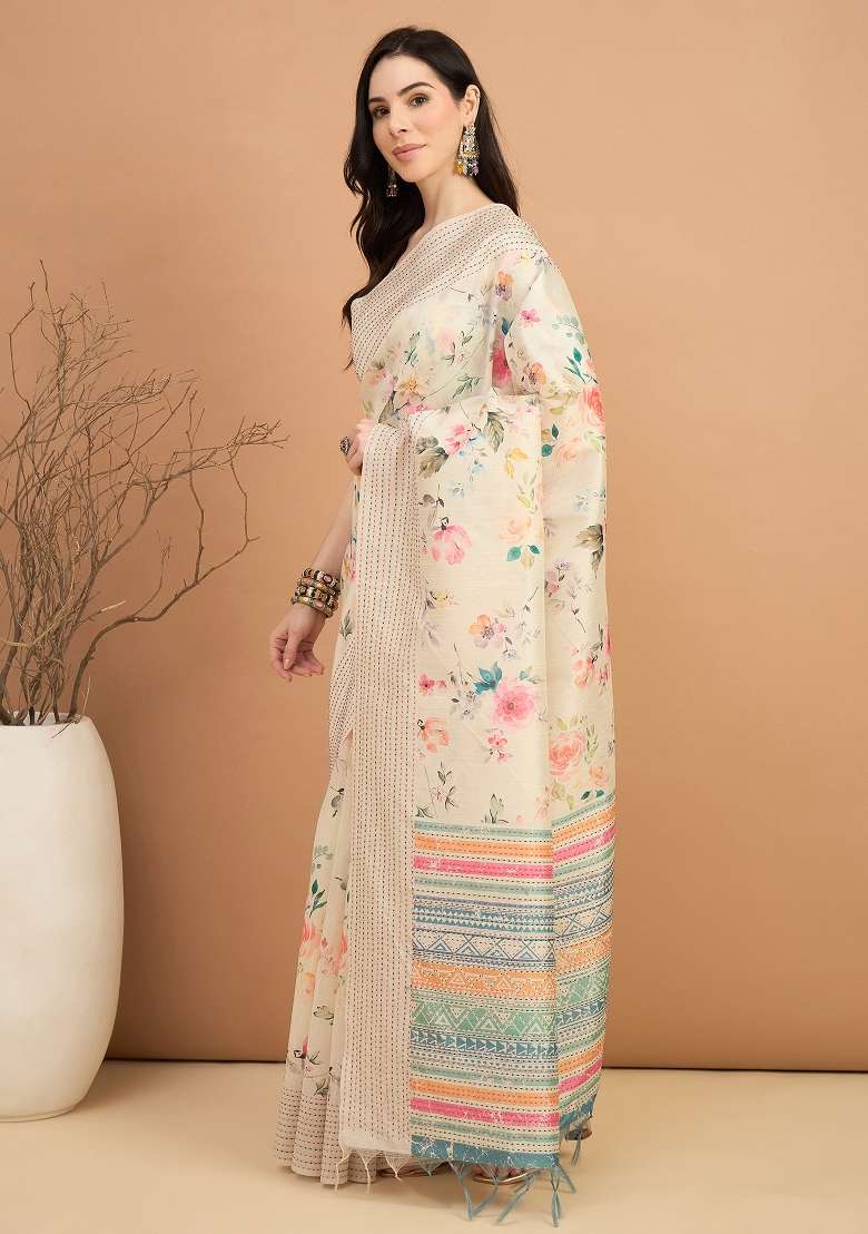 Off White Printed Silk Blend Cotton Saree Set - Indya