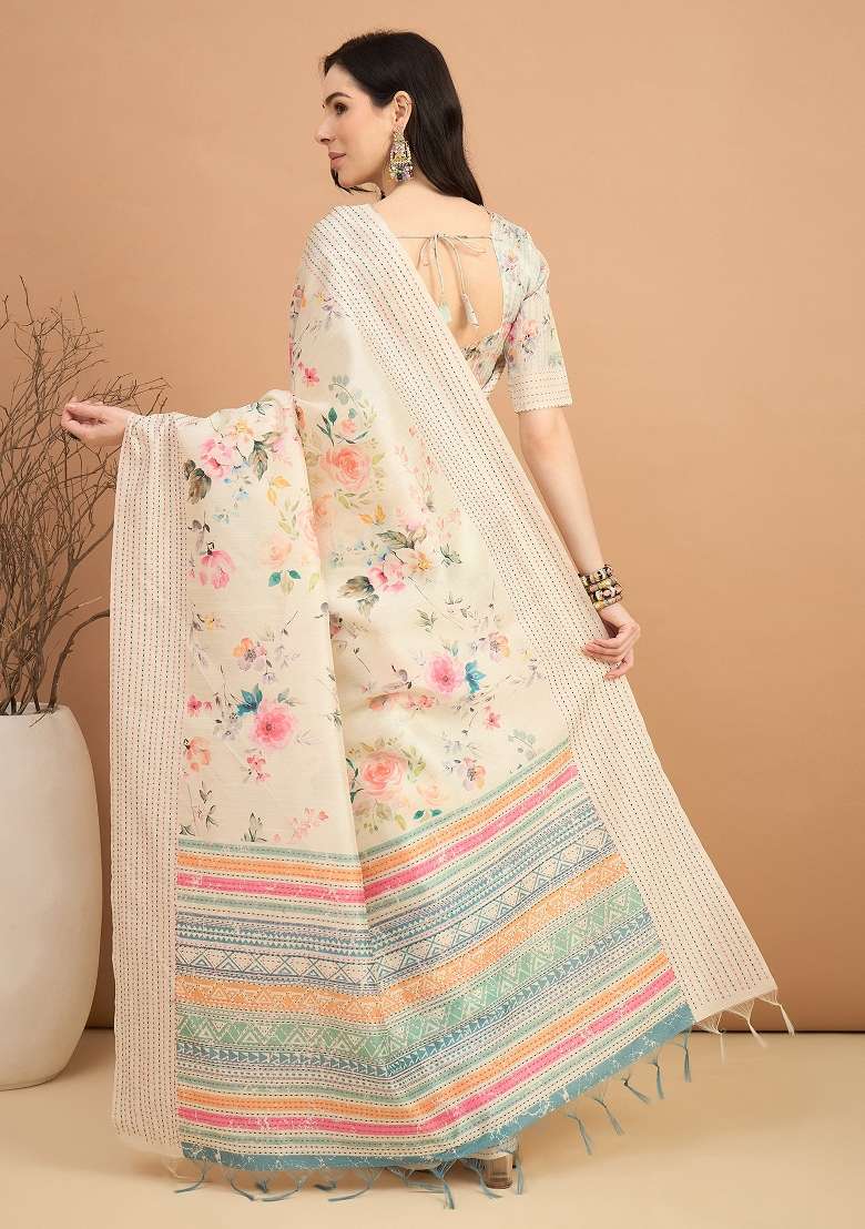 Off White Printed Silk Blend Cotton Saree Set - Indya